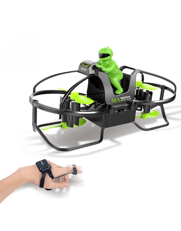 Quadcopter green handheld drone with touch control hand remote